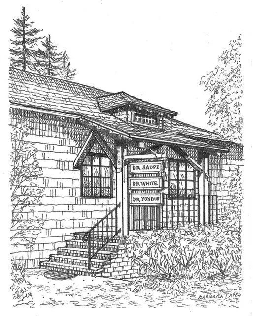 Black and white line drawing illustration of the dental office building exterior with a sign listing the doctors' names.